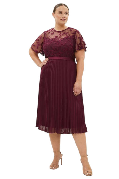 Jacques Vert Aubergine Plus Size Flare Sleeve Embroidered Dress BCC00009