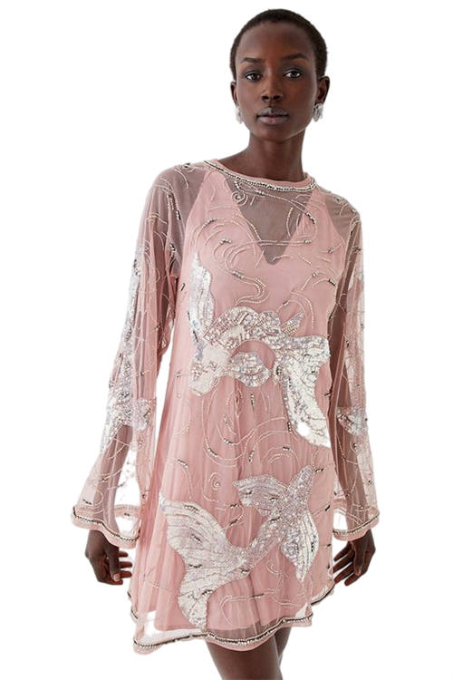 Jacques Vert Baby Pink Koi Carp Hand Embellished Mini Dress BCC04624