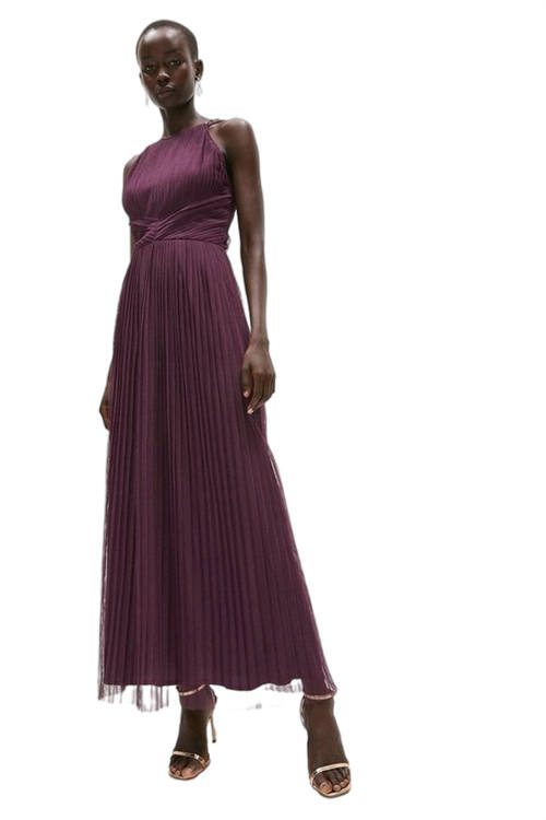 Jacques Vert Berry All Over Pleated Bridesmaid Maxi Dress ACC95325