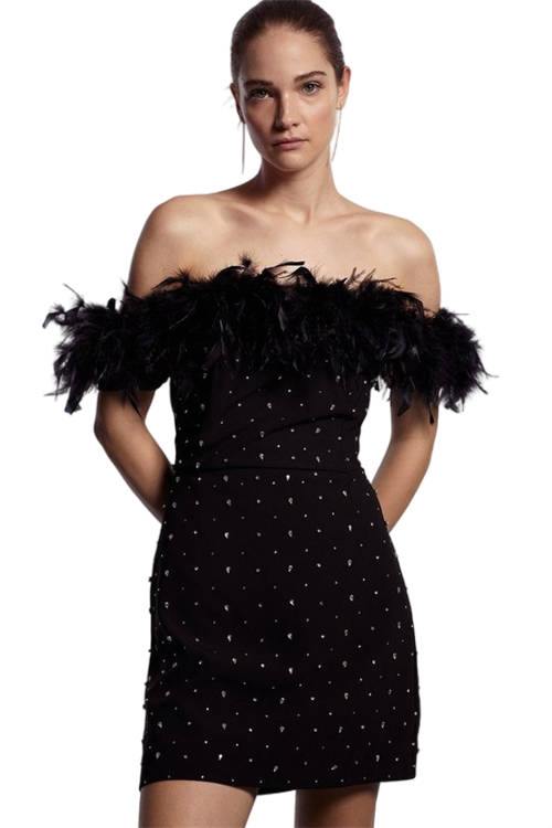 Jacques Vert Black Bardot Feather Dress With Gems BCC03981