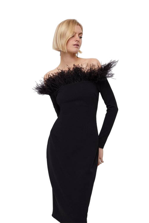 Jacques Vert Black Bodycon Crepe Feather Bardot Dress BCC04171