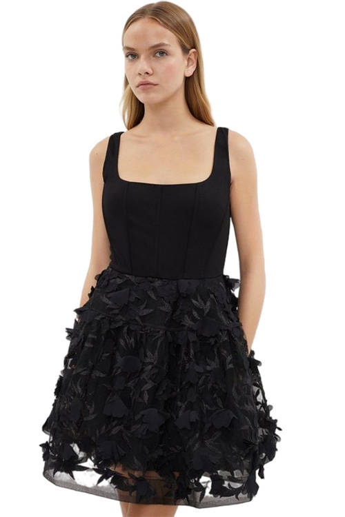 Jacques Vert Black Boned Bodice 3d Floral Full Skirt Mini Dress BCC03892