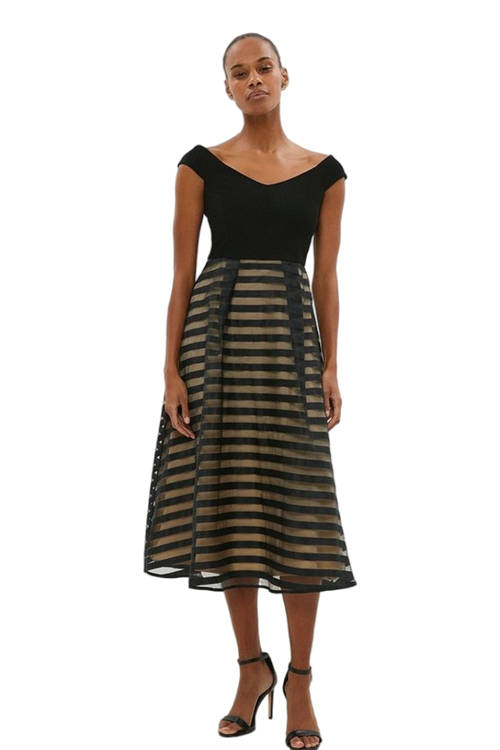 Jacques Vert Black Burnout Stripe Bardot Dress BCC03676