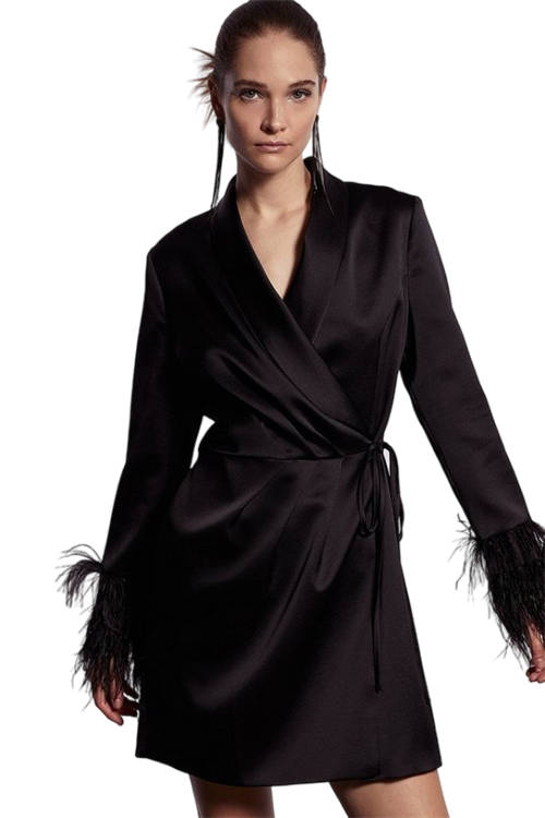 Jacques Vert Black Drape Front Feather Cuff Mini Dress BCC03667