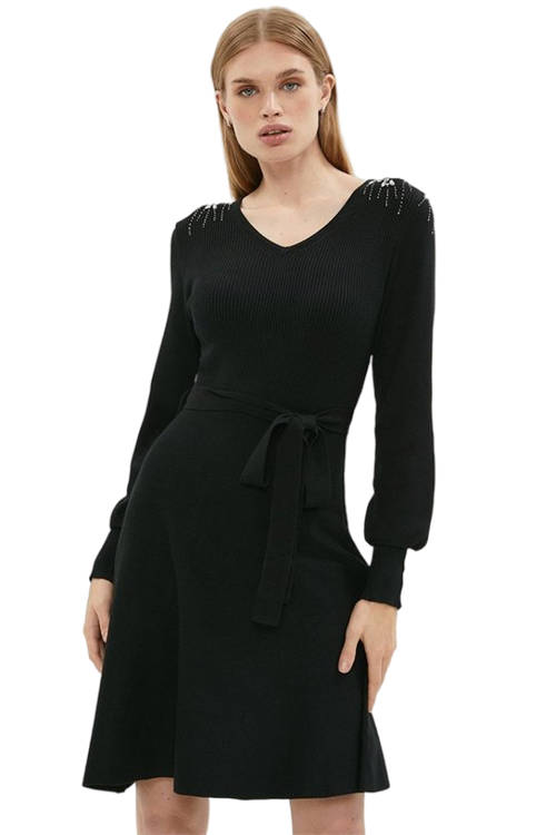 Jacques Vert Black Embellished Shoulder V Neck Knitted Dress BCC01656