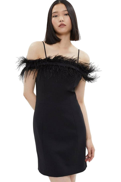 Jacques Vert Black Feather Trim Bardot Mini Dress BCC03655