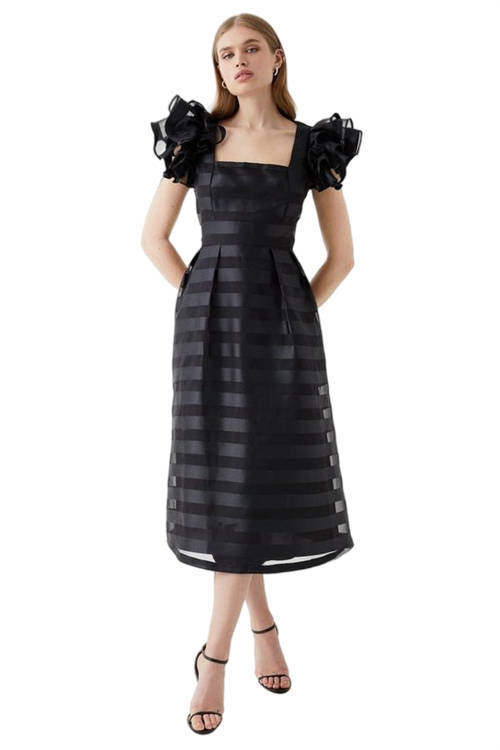 Jacques Vert Black Frill Shoulder Stripe Organza Midi Dress BCC05705