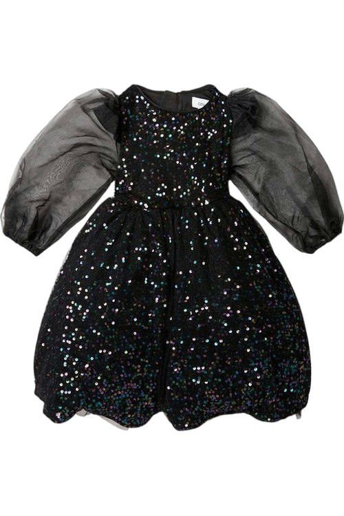 Jacques Vert Black Girls Sheer Sleeve Sequin Full Skirt Dress BCC04102