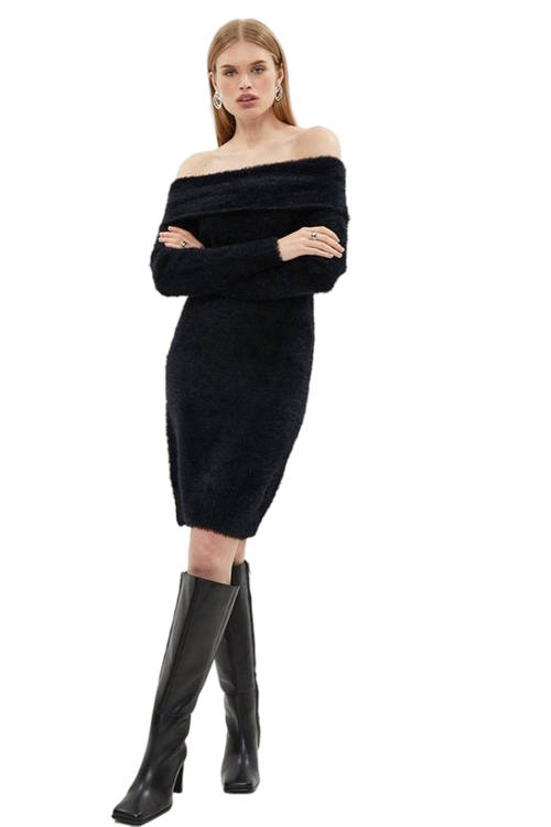 Jacques Vert Black Knit Bardot Jumper Dress BCC03652
