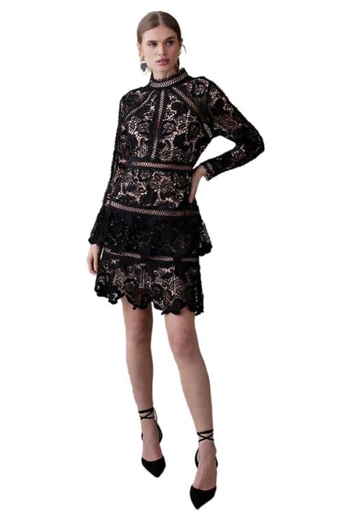 Jacques Vert Black Lace Trim Long Sleeve Mini Dress BCC04524