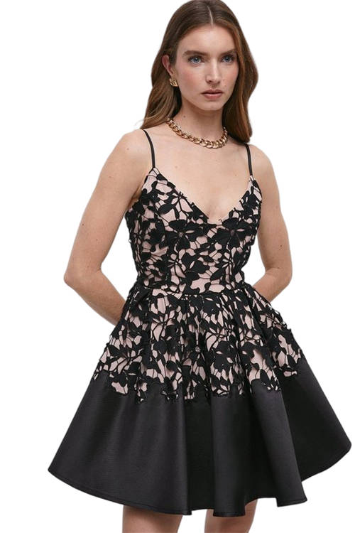Jacques Vert Black Lace Twill Mix Full Skirt Midi Dress BCC04182