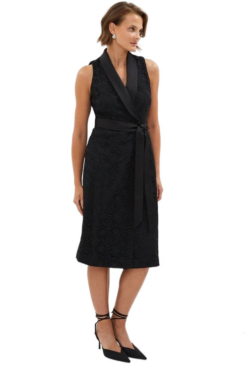Jacques Vert Black Lace Wrap Tuxedo Midi Dress BCC03175