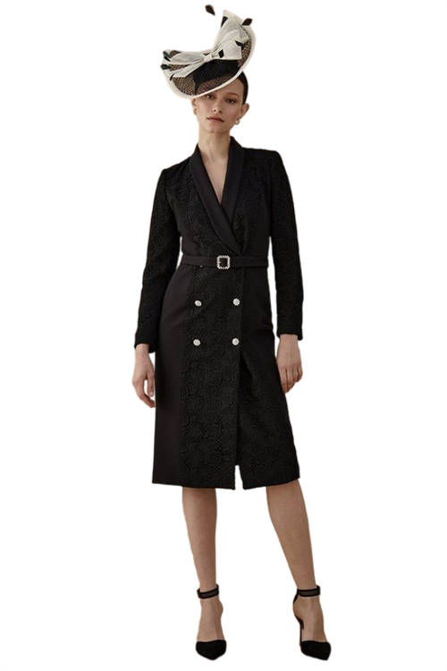 Jacques Vert Black Lisa Tan Premium Lace Tuxedo Dress With Gem Buttons BCC04910
