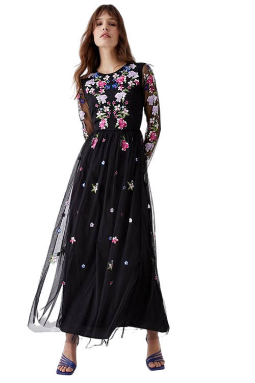 Jacques Vert Black Long Sleeve Floral Embroidered Mesh Midi Dress BCC04483