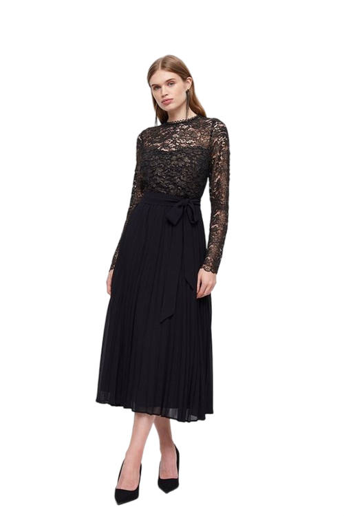 Jacques Vert Black Metallic Long Sleeve Lace Bodice Pleat Skirt BCC04143