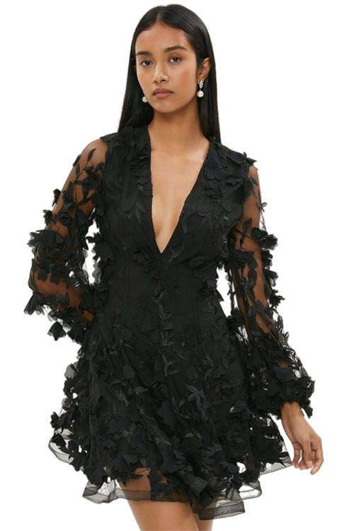 Jacques Vert Black Mini Dress In 3D Floral Applique BCC03403