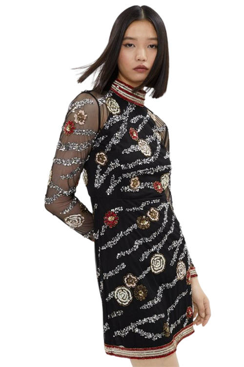 Jacques Vert Black Mini Dress With Hand Embellished Flowers​ BCC03476