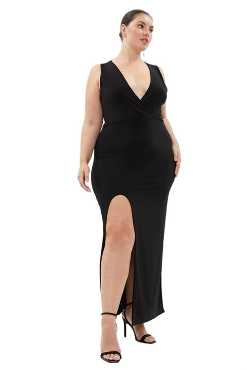 Jacques Vert Black Plus Size Plunge Slinky Jersey Maxi Dress BCC02452