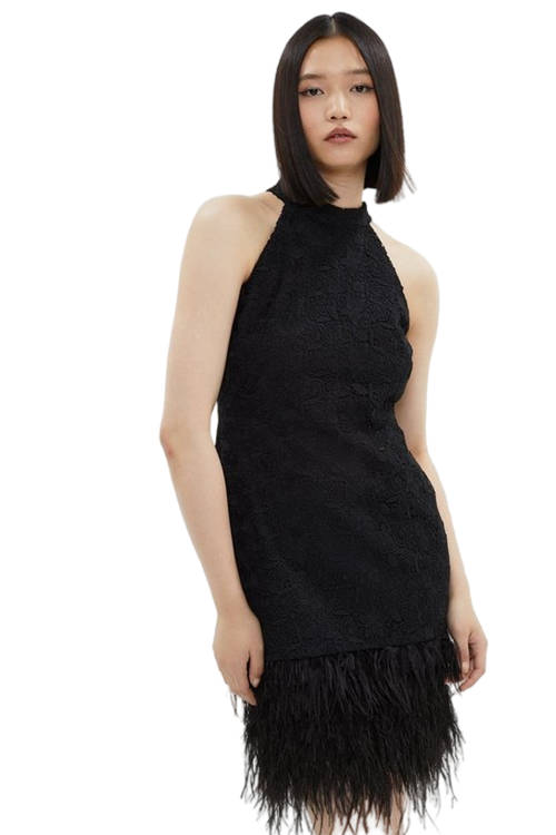 Jacques Vert Black Premium Lace Feather Hem Halter Neck Mini Dress BCC03188