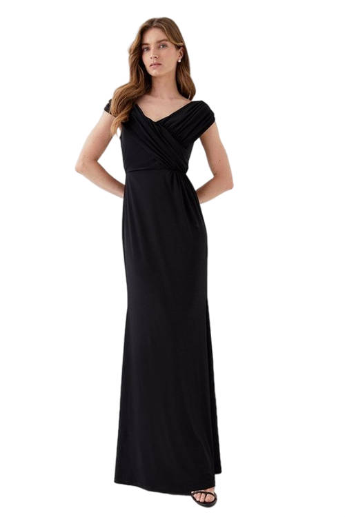 Jacques Vert Black Ruched Bardot Fishtail Slinky Jersey Gown BCC05874