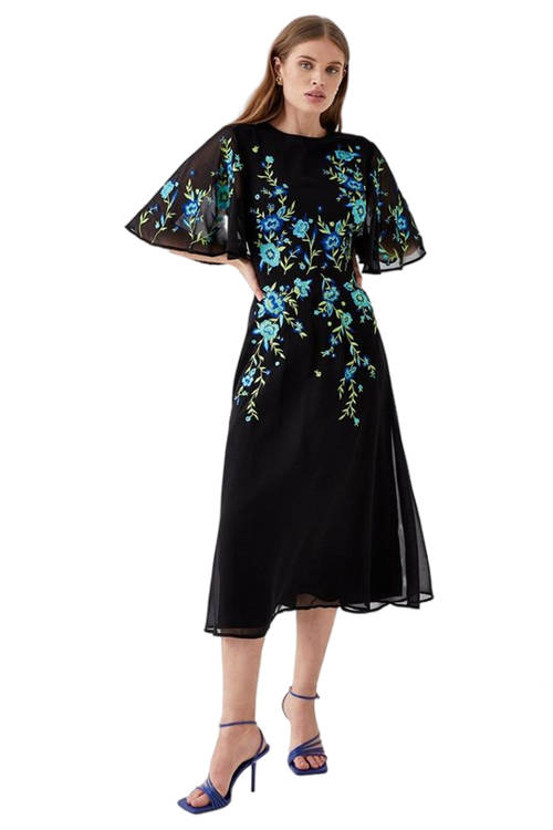 Jacques Vert Black Trailing Floral Embroidered Angel Sleeve Midi Dress BCC05041