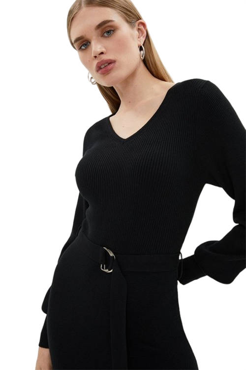 Jacques Vert Black V Neck Knitted Midi Dress BCC01658