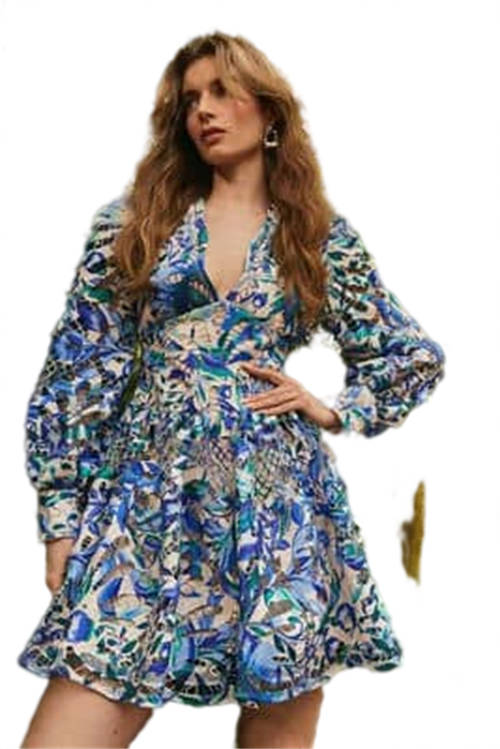 Jacques Vert Blue Alexandra Farmer Printed Lace Blouson Sleeve Mini Dress BCC05214