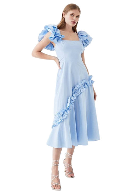 Jacques Vert Blue Frill Sleeve Ruffle Skirt Cotton Midi Dress BCC05742