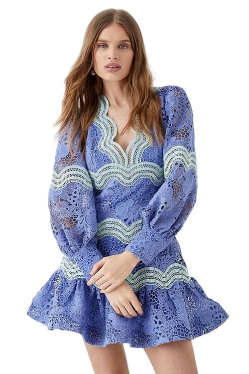 Jacques Vert Blue Lace Blouson Sleeve Trim Detail Mini Dress BCC05133