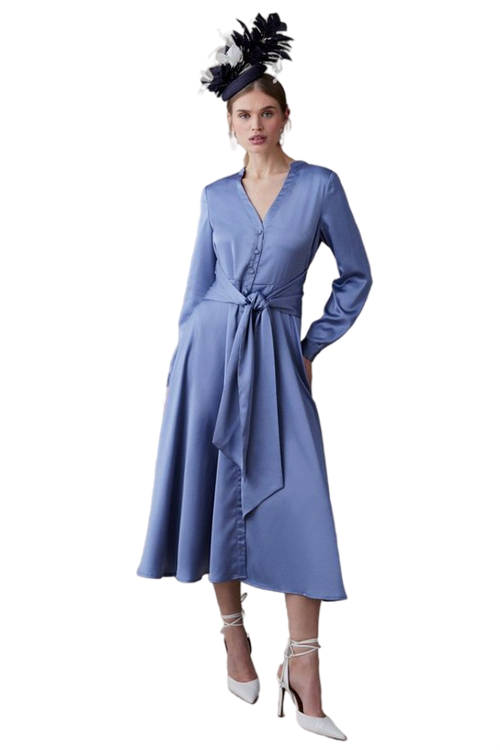 Jacques Vert Blue Midi Satin Wrap Dress With Bow Detail BCC04730