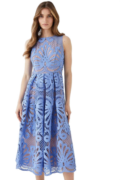 Jacques Vert Blue Premium Sleeveless Lace Midi Dress With Contrast Lining BCC04908