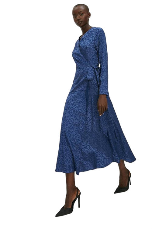 Jacques Vert Blue Satin Animal Jacquard Long Sleeve Wrap Midi Dress ACC03058