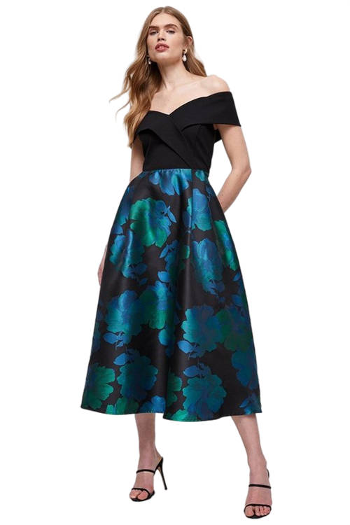 Jacques Vert Blue Wrap Bardot Jacquard Skirt Midi Dress BCC04485
