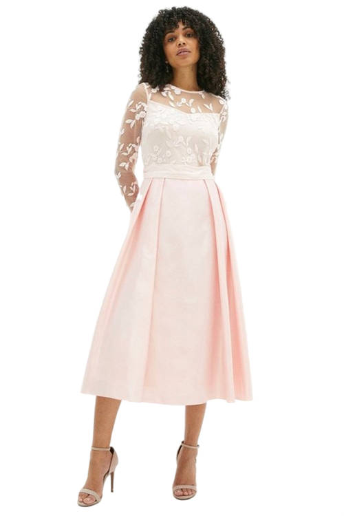 Jacques Vert Blush Embroidered Bodice Satin Skirt Dress ACC01344