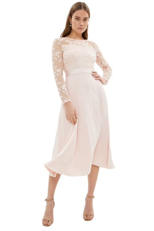 Jacques Vert Blush Embroidered Long Sleeve Crepe Circle Skirt Dress BCC02139
