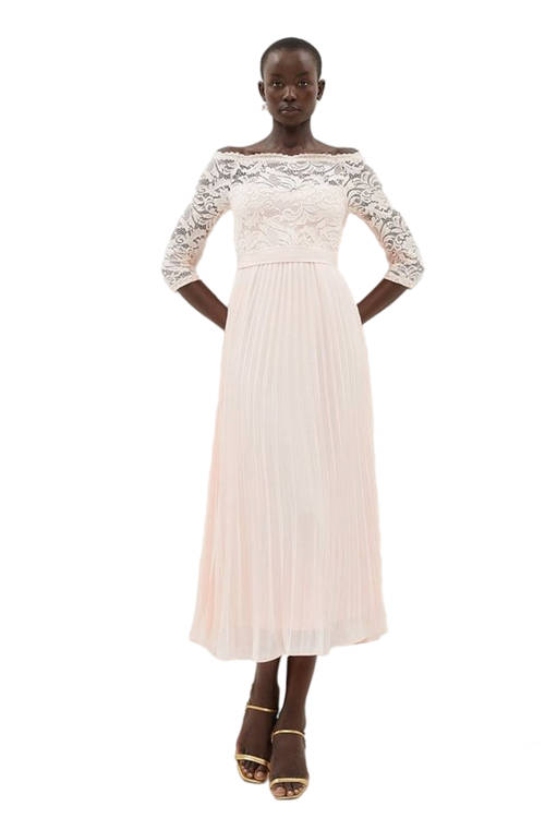 Jacques Vert Blush Lace Bardot Pleat Skirt Dress BCC01596