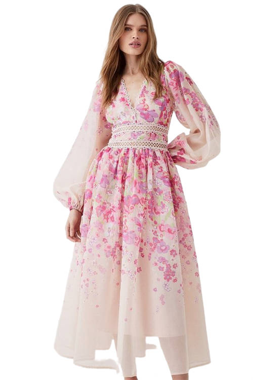 Jacques Vert Blush Organza Floral Placement Lace Trim Midaxi Dress BCC05182