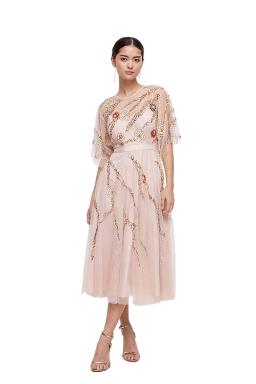 Jacques Vert Blush Petite Midi Dress With Embellished Flower BCC03986