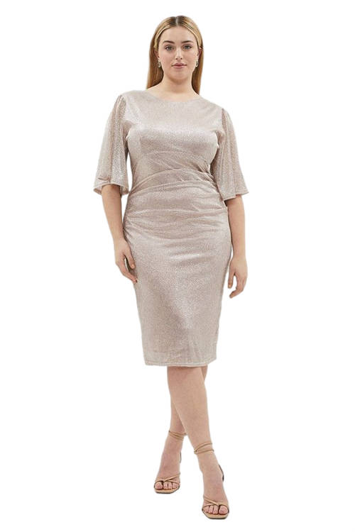 Jacques Vert Blush Plus Size Metallic Angel Sleeve Ruche Waist Dress BCC01106