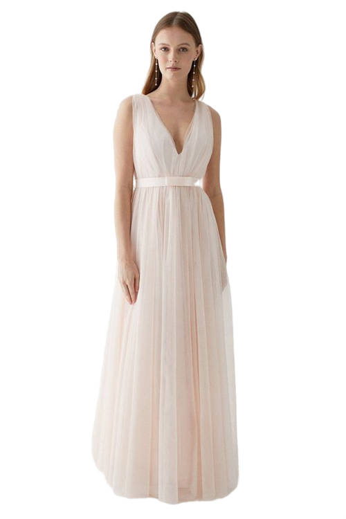 Jacques Vert Blush Tulle Plunge Neck Princess Bridesmaids Dress With Bow BCC04855