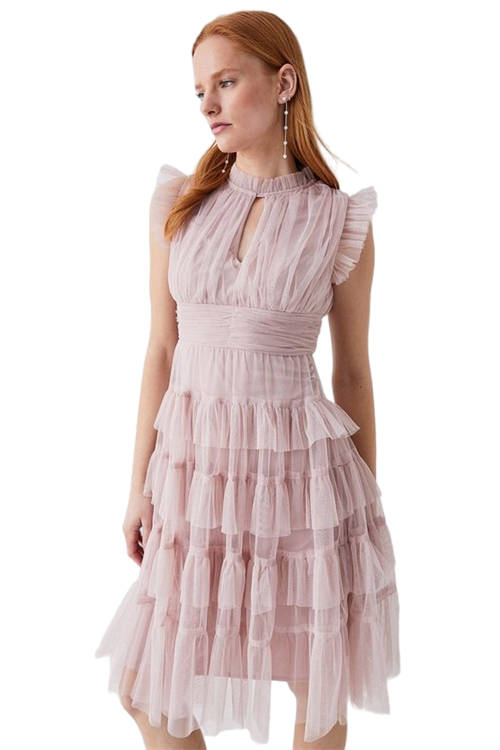 Jacques Vert Blush Tulle Tiered Frill Sleeve Dress ACC95332