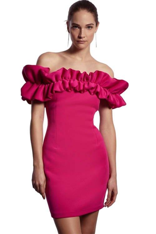 Jacques Vert Bright Pink Statement Ruffle Bardot Scuba Mini Dress BCC04217
