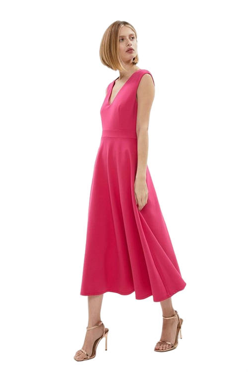 Jacques Vert Bright Pink V Neck Full Skirt Sleeveless Midi Dress BCC01501