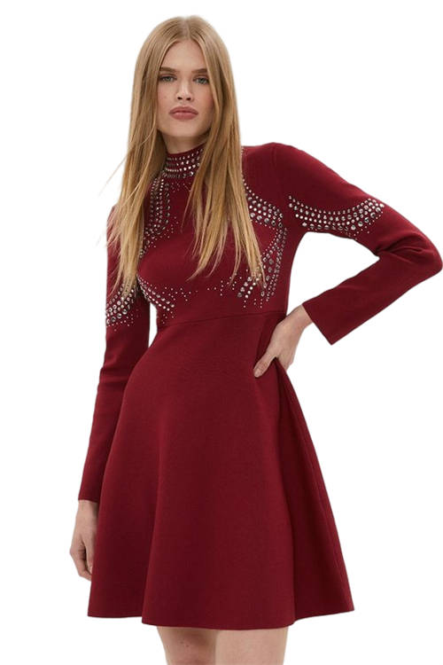 Jacques Vert Burgundy Hot Fix Stud Flippy Knitted Dress BCC03012