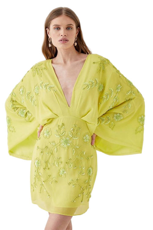 Jacques Vert Chartreuse All Over Beaded V Neck Kimono Mini Dress BCC05122