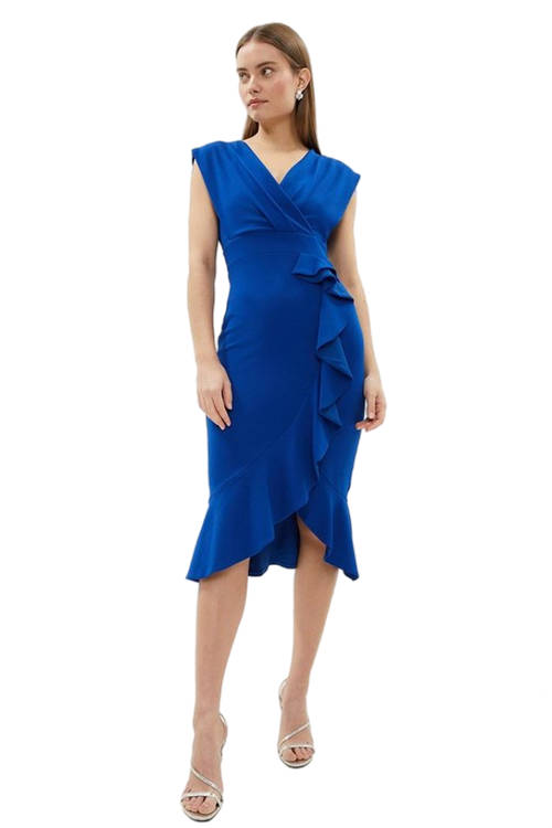 Jacques Vert Cobalt Crepe Wrap Top Ruffle Dress BCC02188