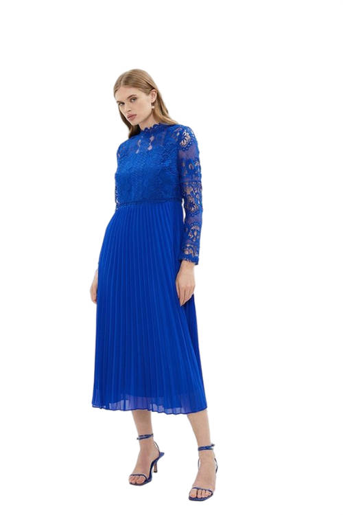 Jacques Vert Cobalt Long Sleeve Lace High Neck Pleated Midi Dress BCC03304