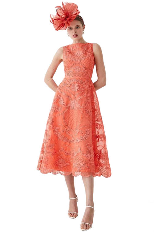 Jacques Vert Coral Premium Embroidered Organza Full Skirt Midi Dress BCC02468
