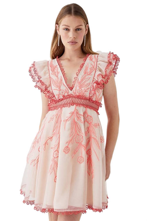 Jacques Vert Coral Premium Embroidered Organza Mini Dress With Ruffle Shoulder BCC05317