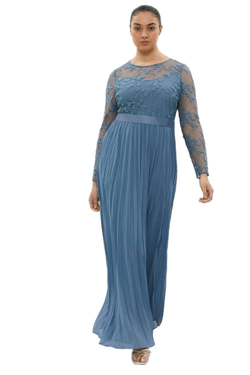 Jacques Vert Dusty Blue Plus Size Embroidered Long Sleeve Maxi Dress ACC96040